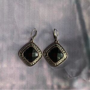 Silver Tone Black Dangle Pierced Earrings
